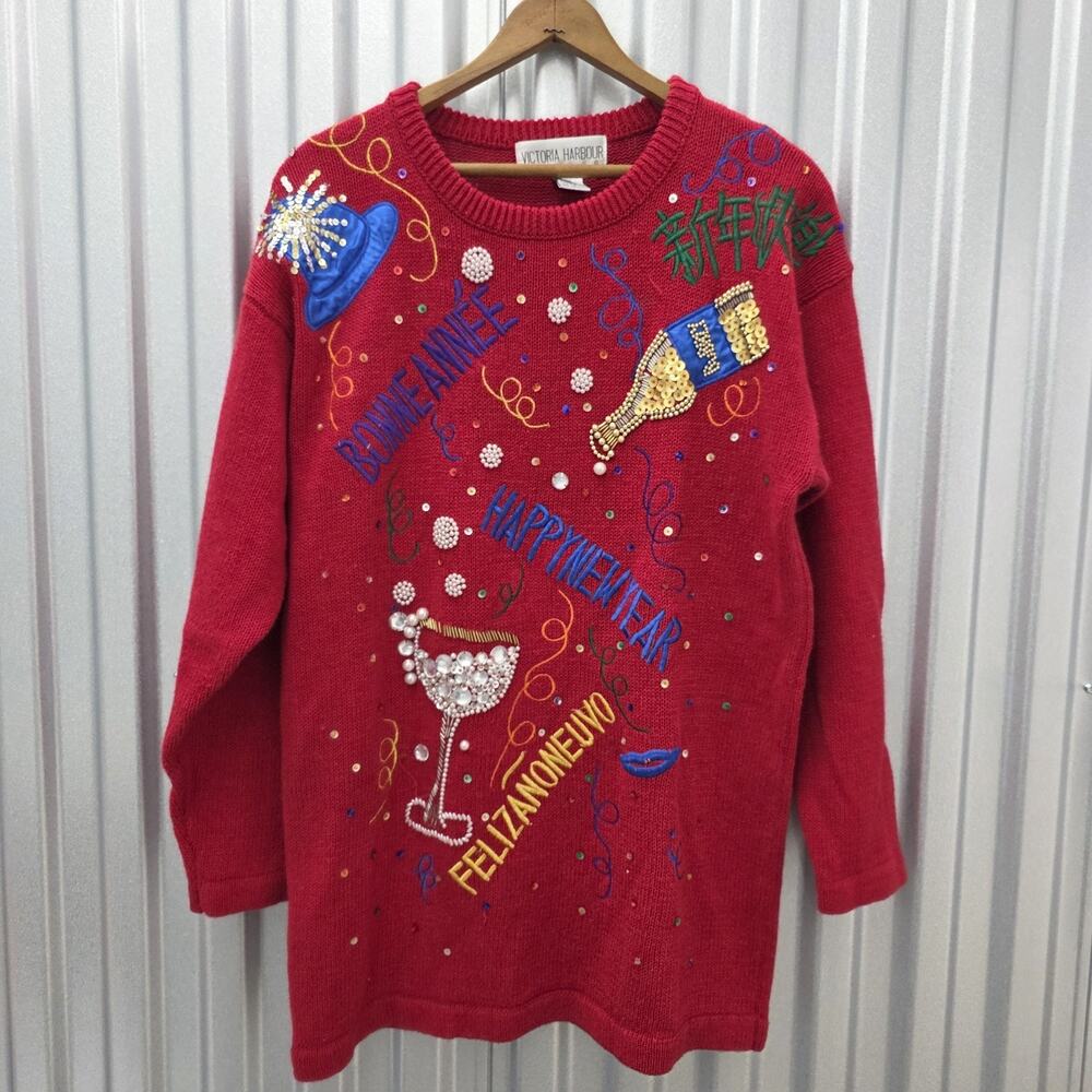 Vintage New Year's Eve Sweater Women M Red Knit 90s Y2K Beaded Embroidered Party